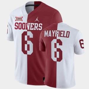Men's Oklahoma Sooners #6 Baker Mayfield White Crimson Split Jersey 751290-867