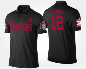 Men's Oklahoma Sooners #12 Landry Jones Black Big 12 Conference Rose Bowl Name and Number Bowl Game Polo 354267-795